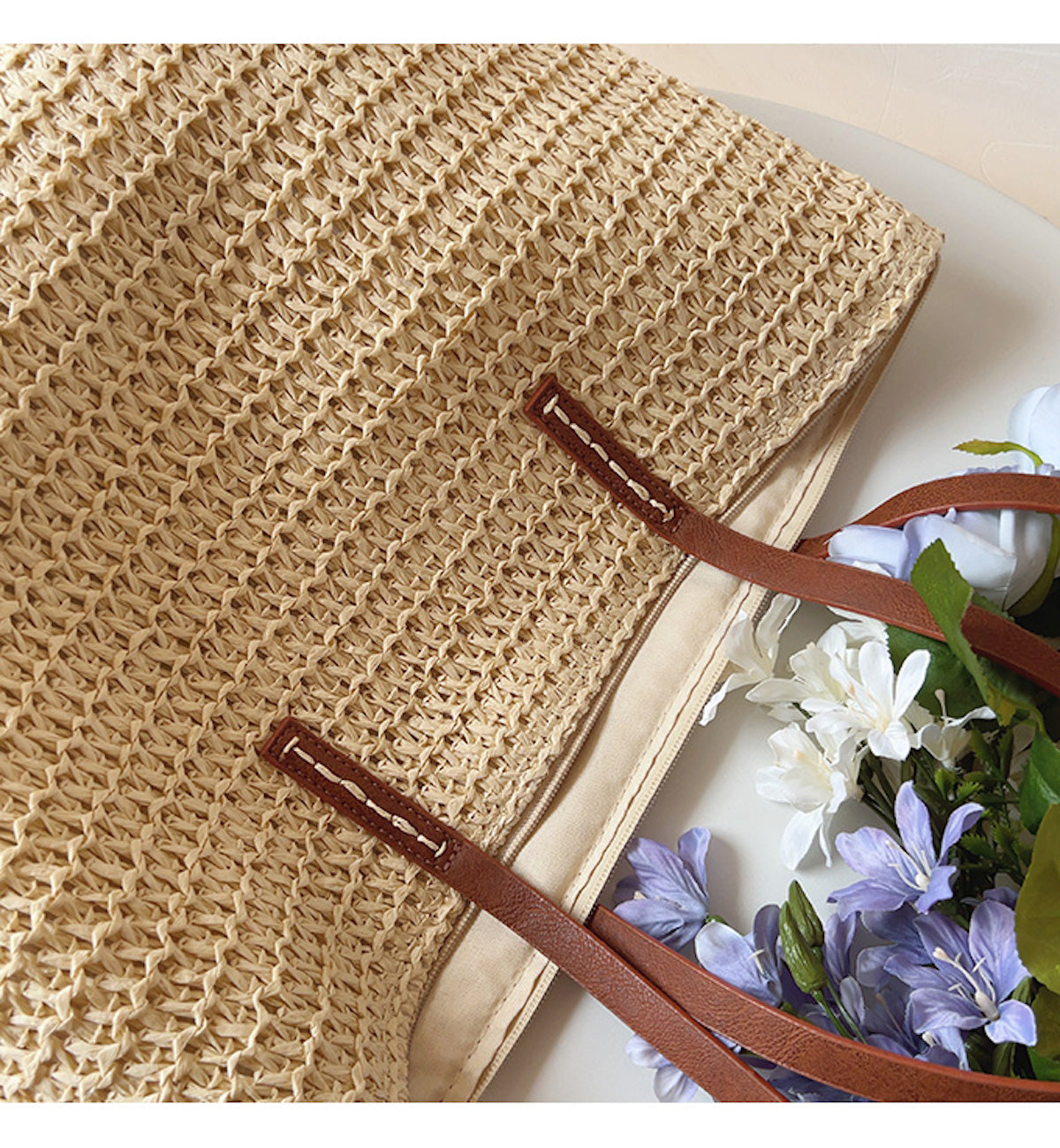 Rattan Woven Bag with Leather Straps - SummerBreeze Tote