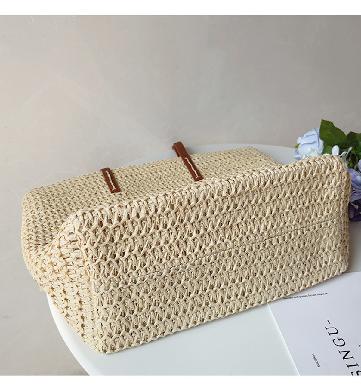 Rattan Woven Bag with Leather Straps - SummerBreeze Tote