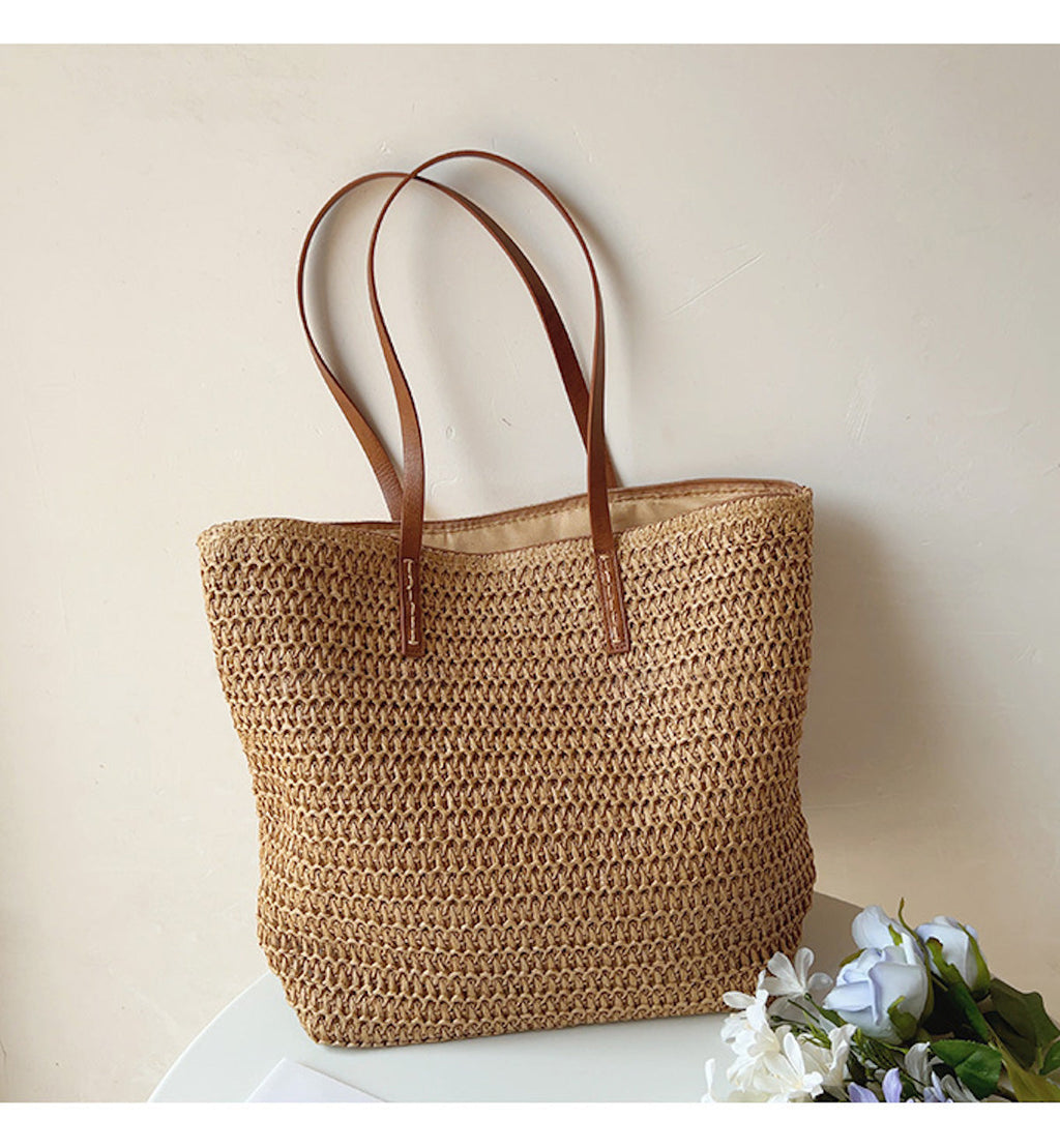 Rattan Woven Bag with Leather Straps - SummerBreeze Tote