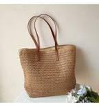 Rattan Woven Bag with Leather Straps - SummerBreeze Tote