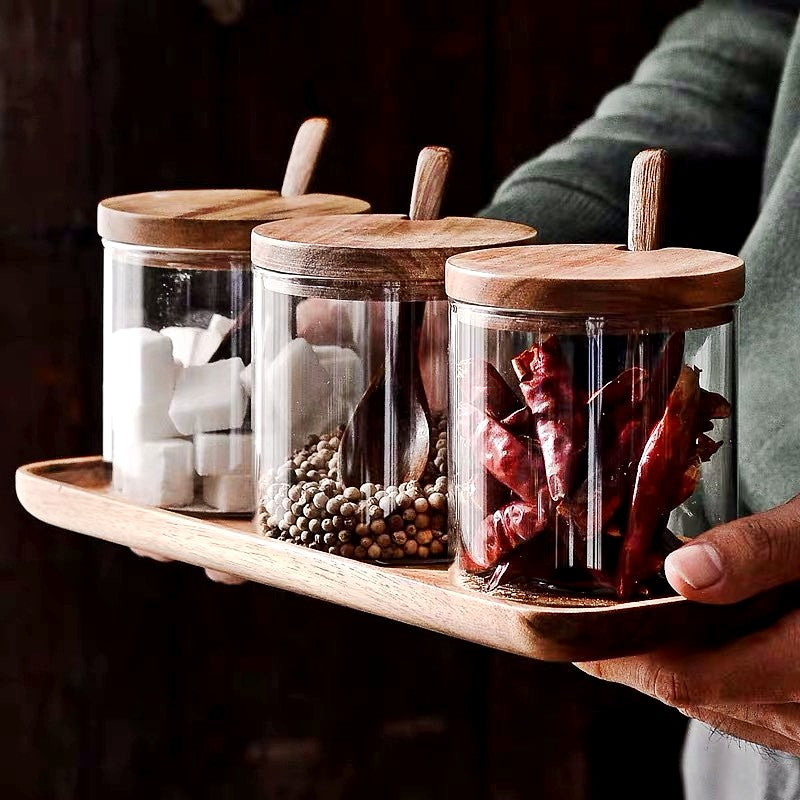 Modern set of glass containers with a natural design and practical application