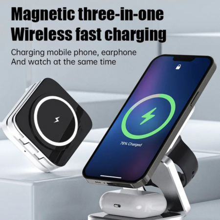 3-in-1 Magnetic Wireless Charger - Fast Foldable Charging Station for Samsung, iPhone & AirPods