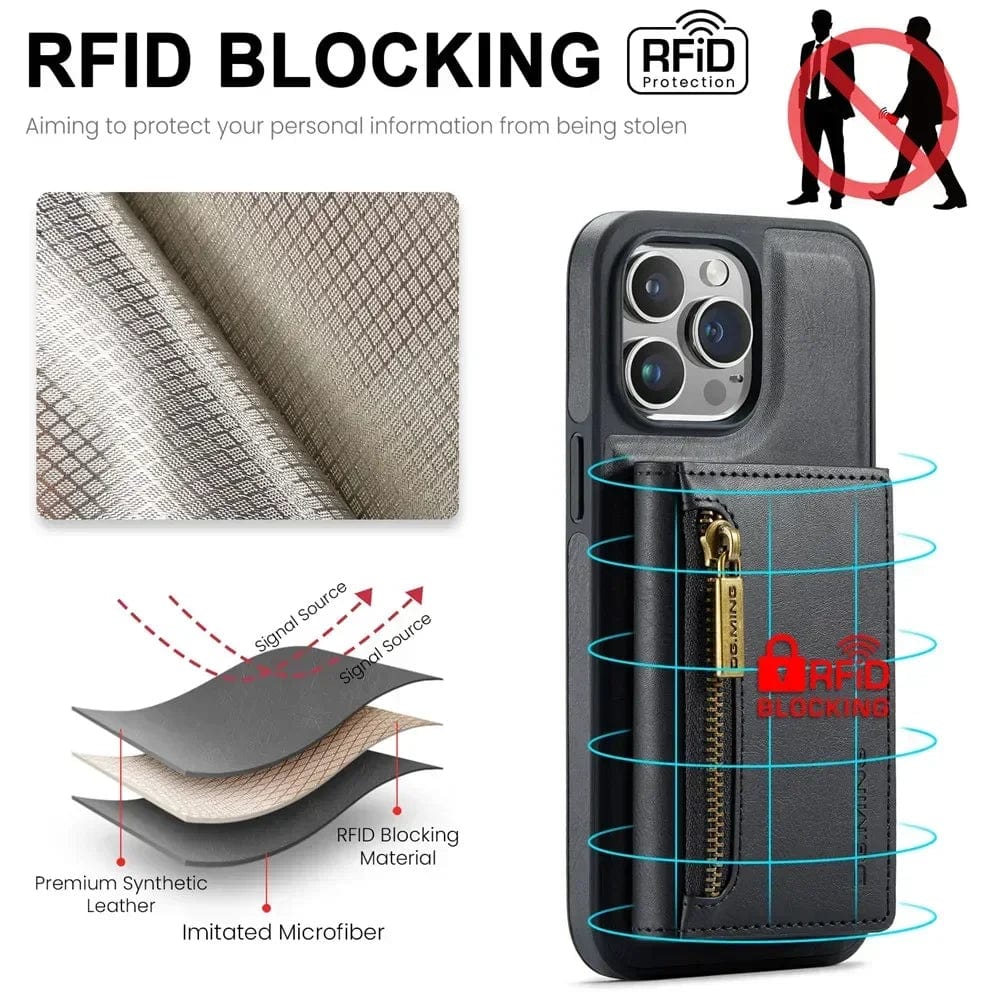 RFID iPhone Wallet Case | Removable Magnetic Leather Car Mount Shockproof Case