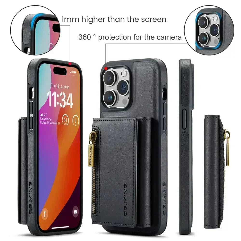 RFID iPhone Wallet Case | Removable Magnetic Leather Car Mount Shockproof Case