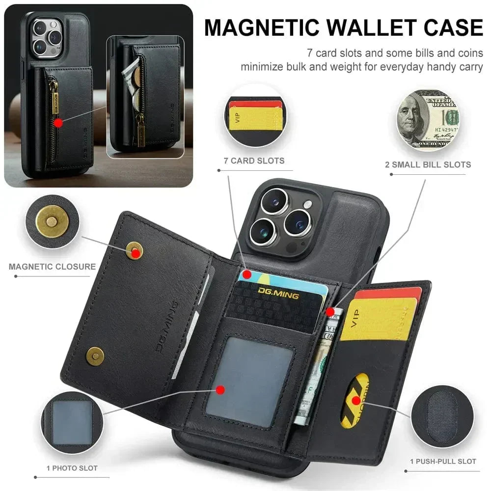 RFID iPhone Wallet Case | Removable Magnetic Leather Car Mount Shockproof Case