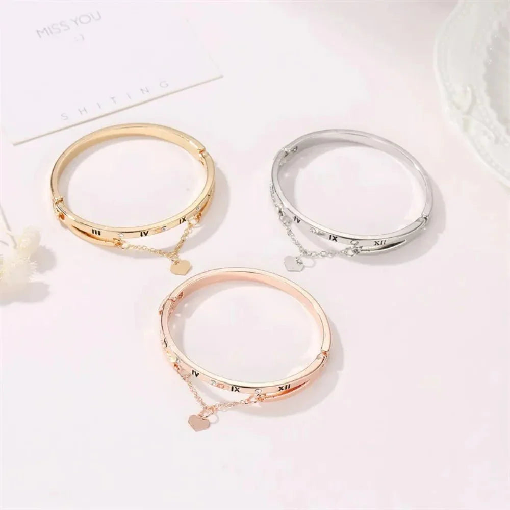 Roman Numeral Heart Dangle Cuff Bracelet