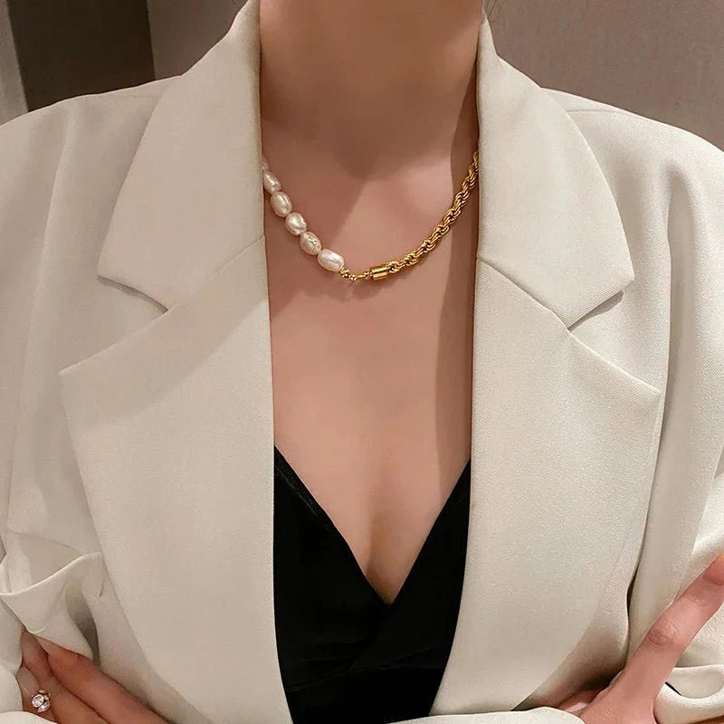 Rope Chain Pearl Contrast Bracelet and Necklace
