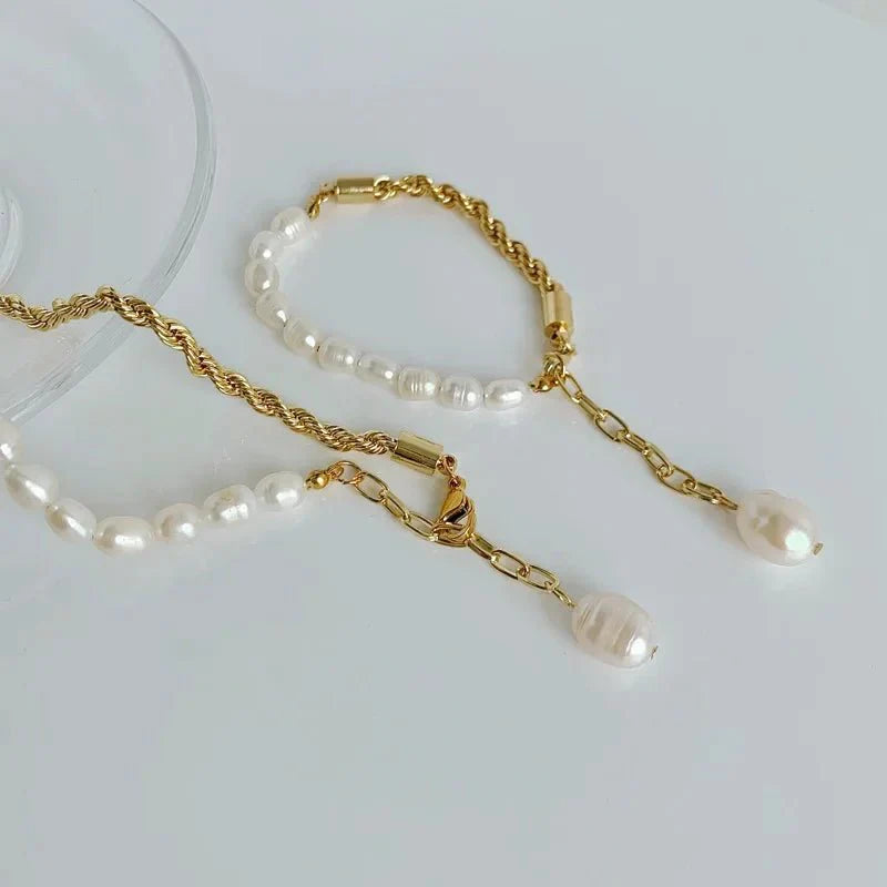 Rope Chain Pearl Contrast Bracelet and Necklace