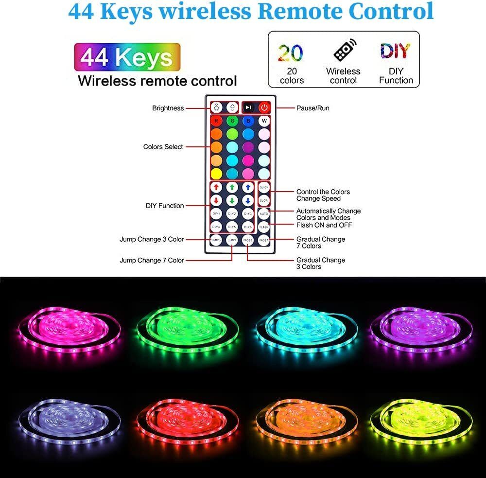 LED Light Strip, 30 m, 15 m, Music Synchronization, Bluetooth, 5050, RGB Ambient Light with Remote Control