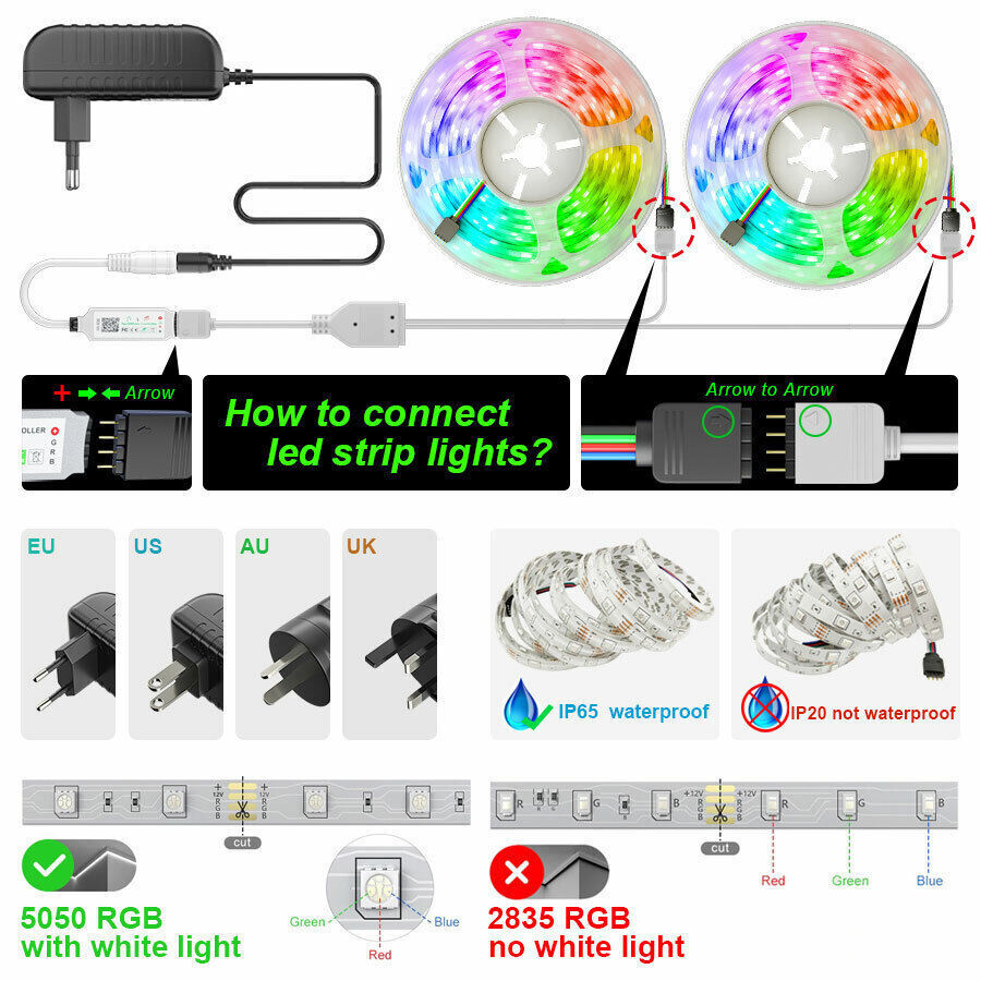 LED Light Strip, 30 m, 15 m, Music Synchronization, Bluetooth, 5050, RGB Ambient Light with Remote Control