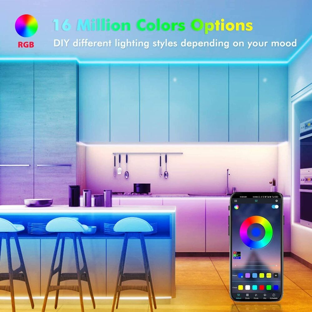 LED Light Strip, 30 m, 15 m, Music Synchronization, Bluetooth, 5050, RGB Ambient Light with Remote Control