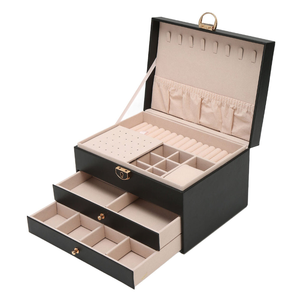 Lockable Leather Jewelry Box with Multi-Layer Storage