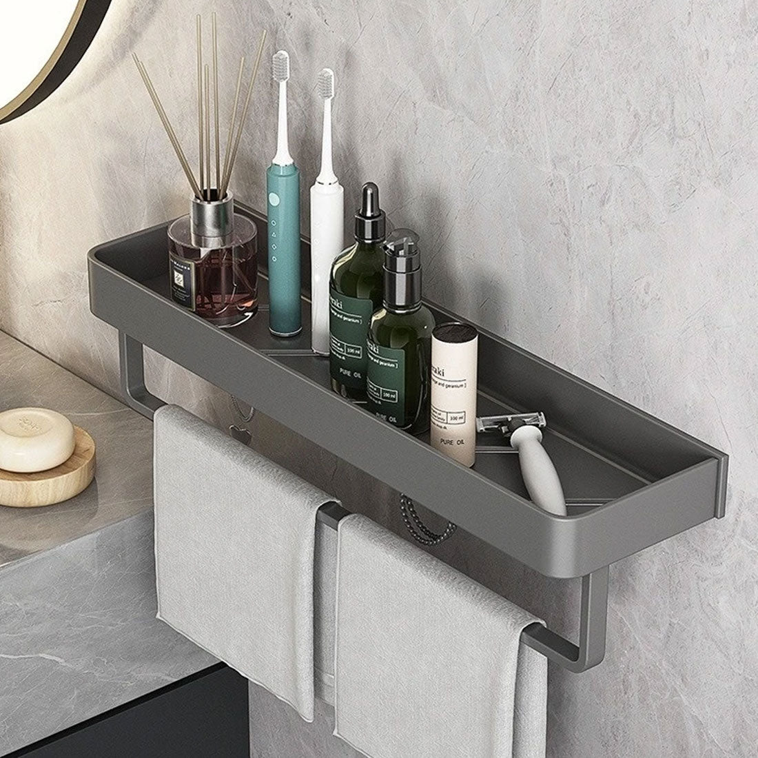Contemporary, elegant bathroom shelves in gray