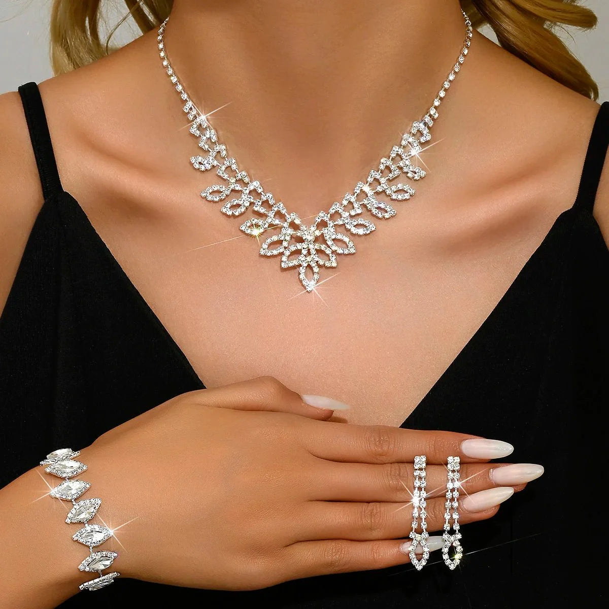 Shimmering Oval Diamond Necklace, Bracelet, and Earring Set