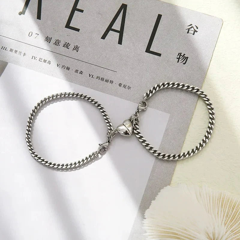 Simple Couples Cuban Magnetic Heart Bracelet Set