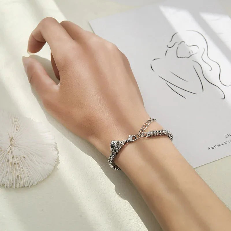 Simple Couples Cuban Magnetic Heart Bracelet Set