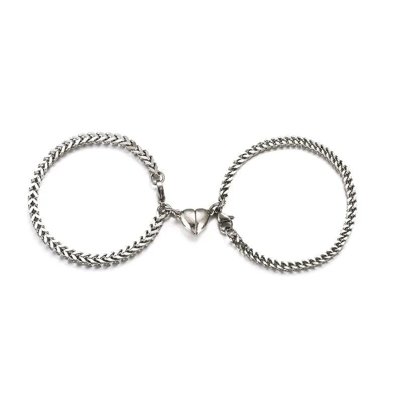Simple Couples Cuban Magnetic Heart Bracelet Set