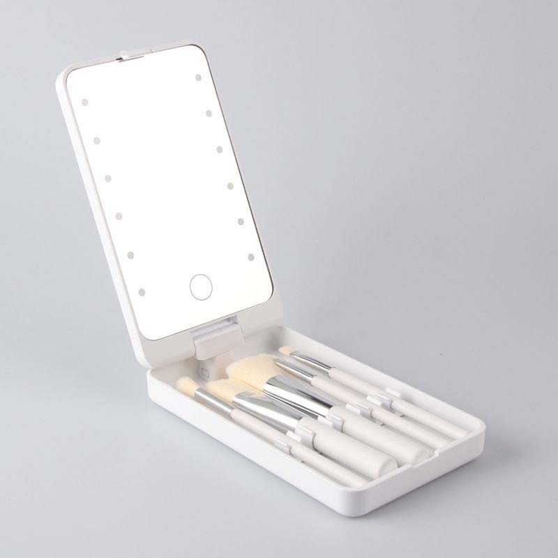 Travel makeup brush set with LED light mirror