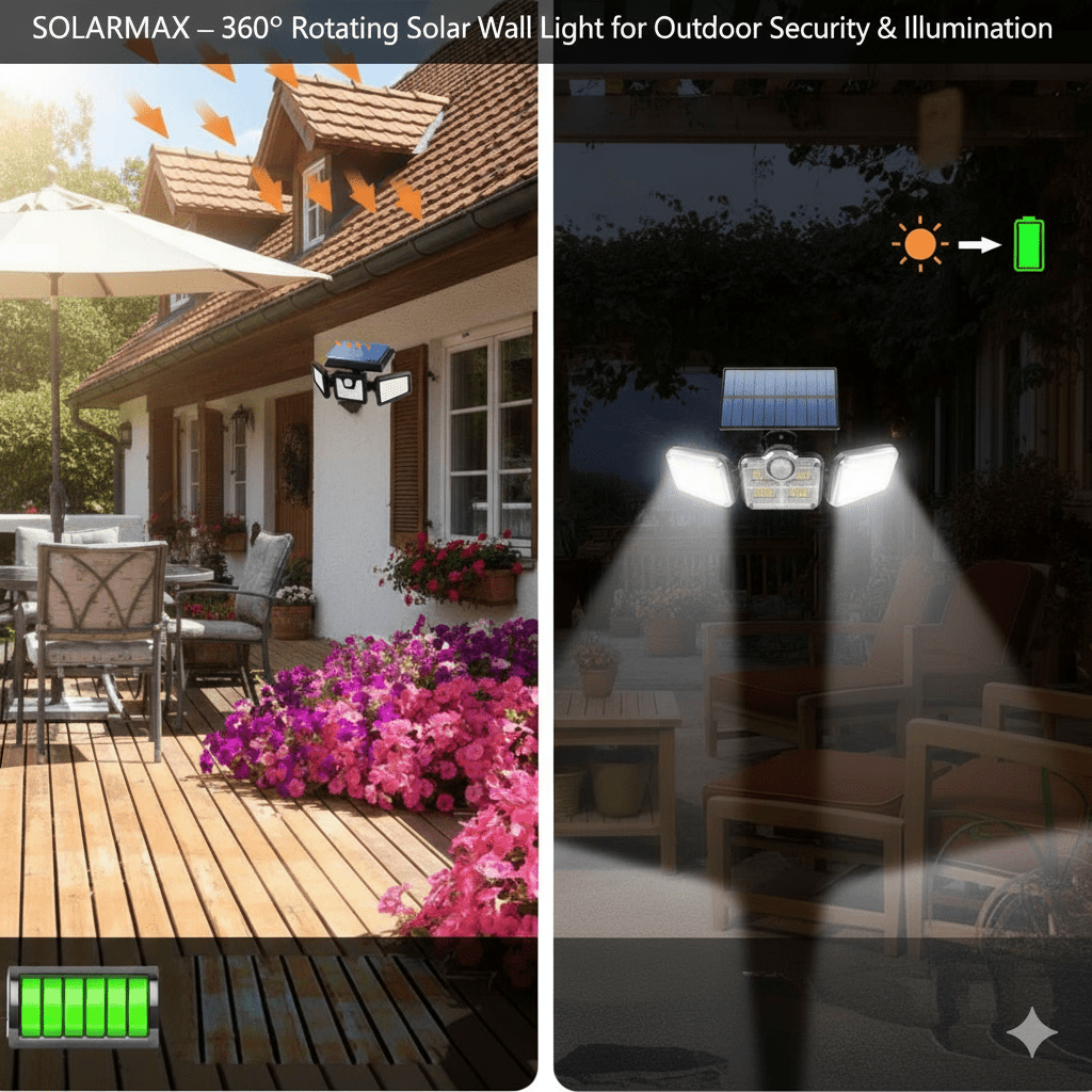 SOLARMAX – 360° Rotating Triple Head Solar Security Wall Light