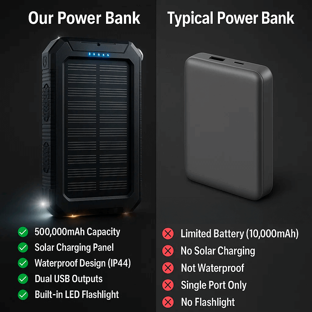 SOLARVAULT – Waterproof Solar Power Bank with 500000mAh for Outdoor Adventures