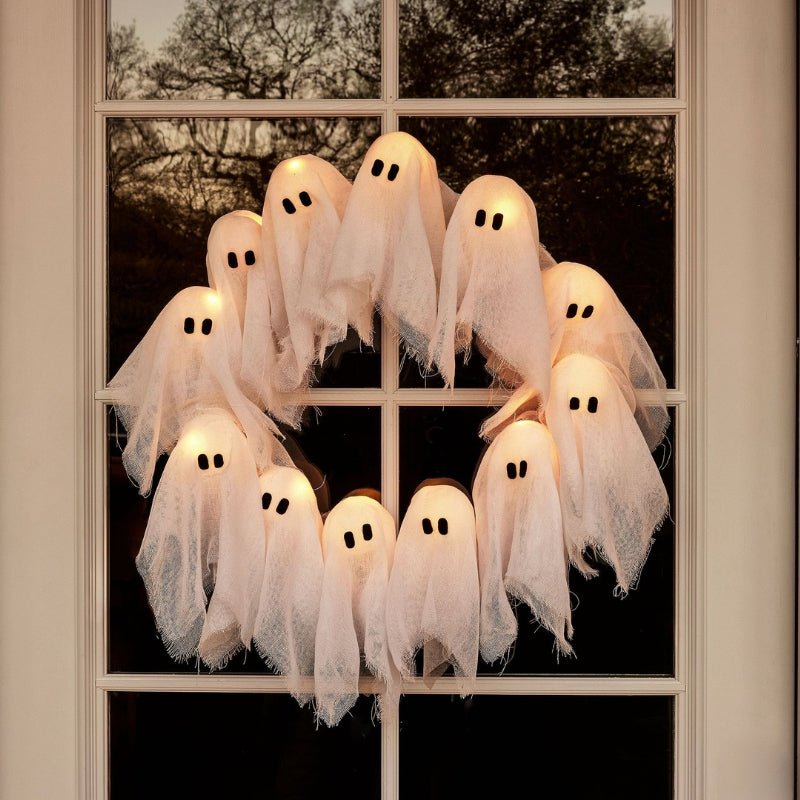 SPOOKGLOW – LED Ghost Wreath with 12 Illuminated Spirits