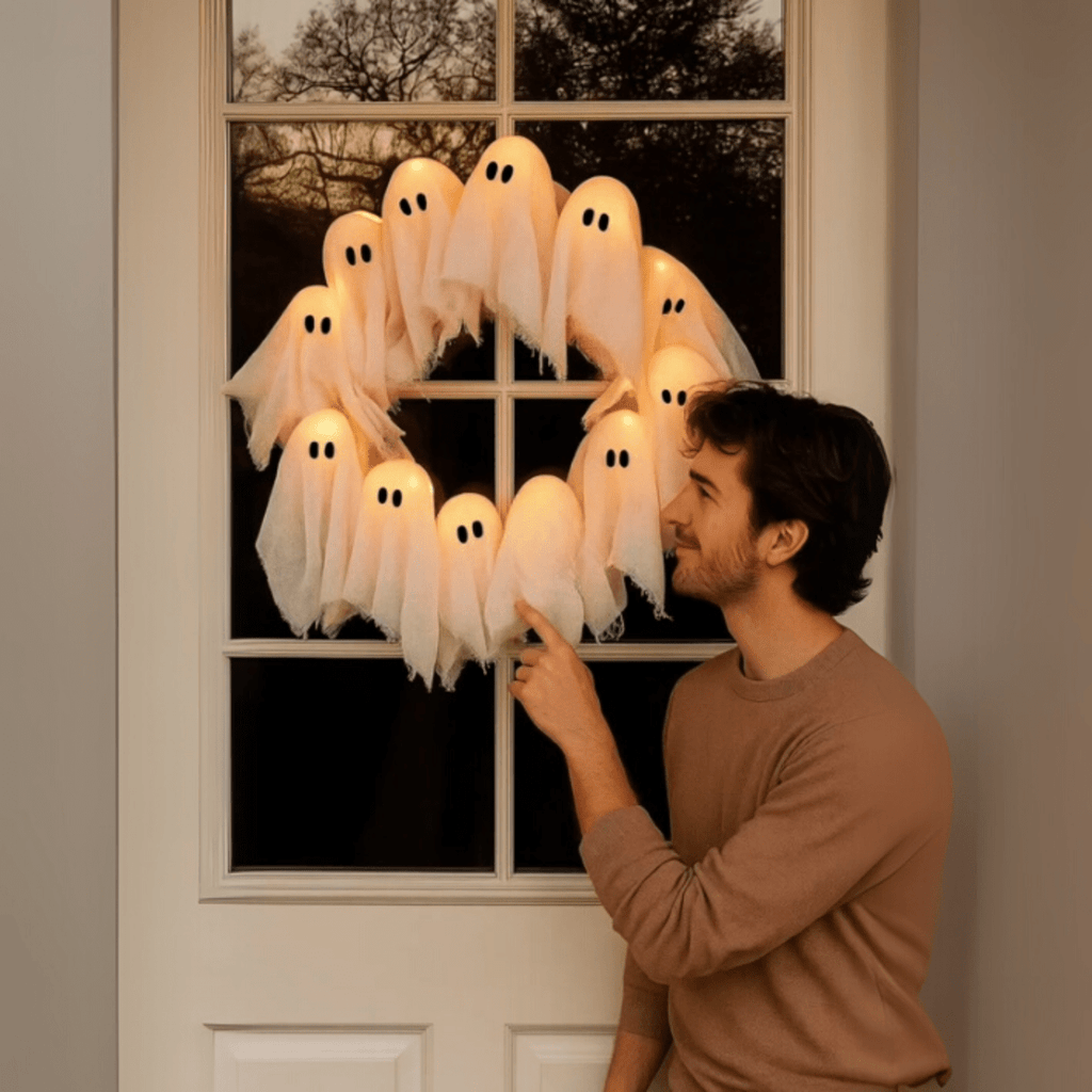 SPOOKGLOW – LED Ghost Wreath with 12 Illuminated Spirits
