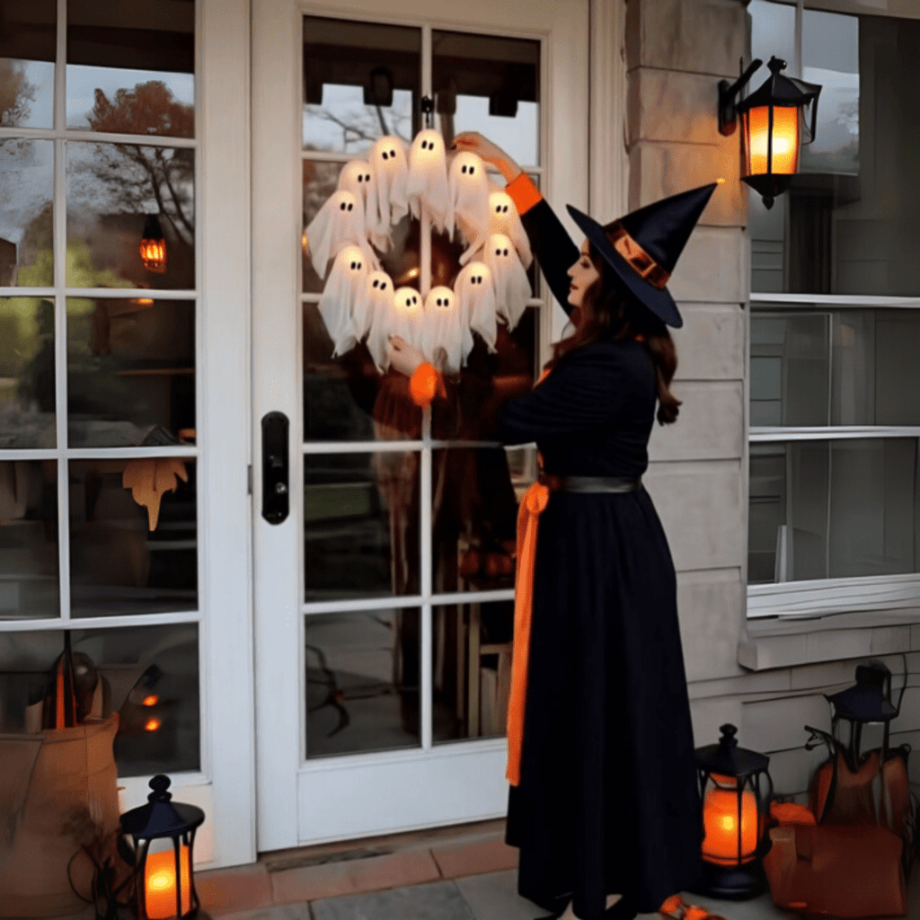 SPOOKGLOW – LED Ghost Wreath with 12 Illuminated Spirits