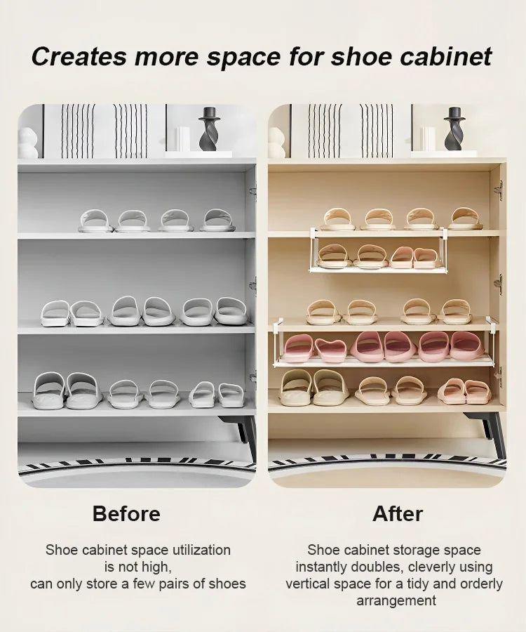 Multifunctional shoe rack with clips in stainless steel for more space in the shoe closet