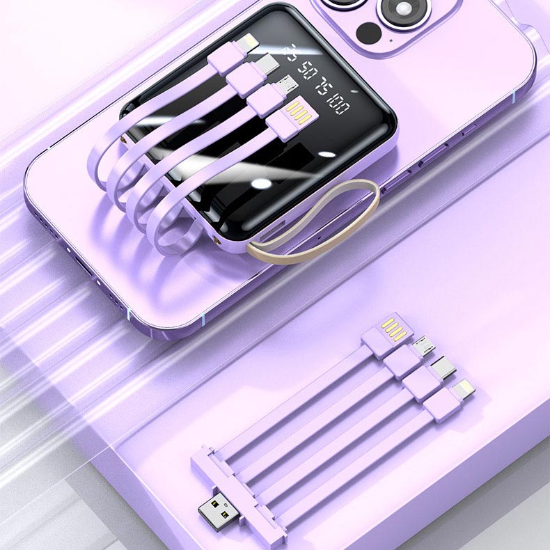 Fast Charge 20000mAh Mini Powerbank with Integrated Cables