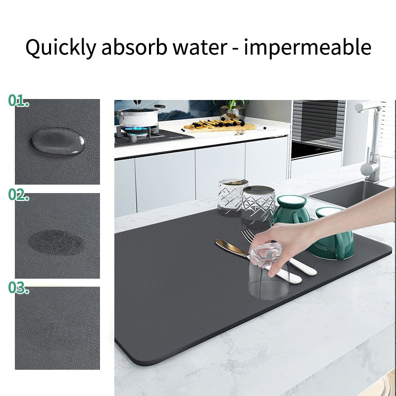 Superabsorbent drainage mat for the kitchen