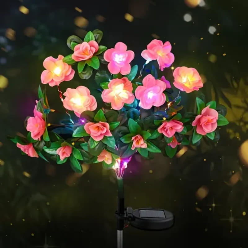Solar lamp with simulated azalea flower and ground stake