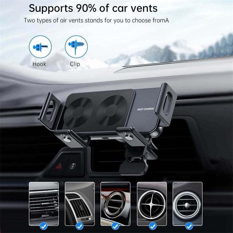 Wireless car charger with two coils for phone mounting