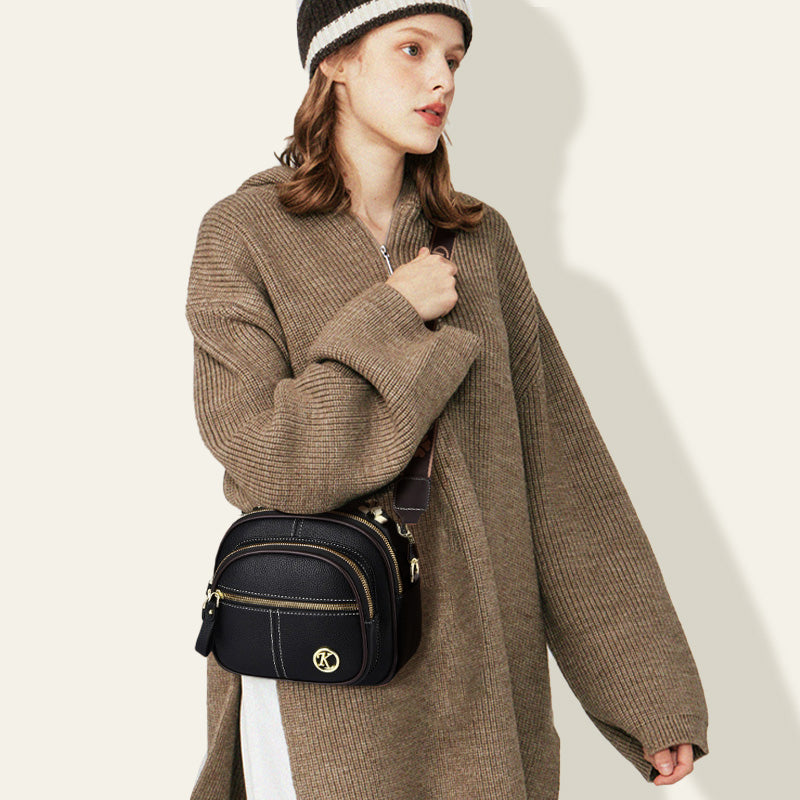 Classic multi-room adjustable wide strap PU leather crossbody bag
