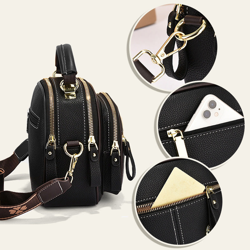Classic multi-room adjustable wide strap PU leather crossbody bag