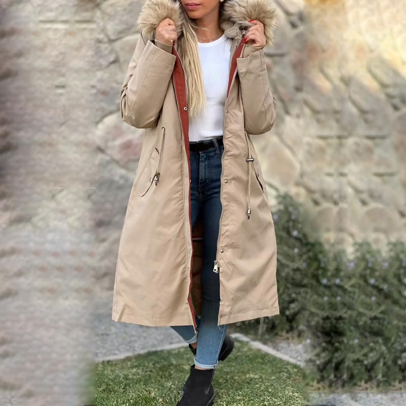 Winter coat with hood and fur collar, casual parka for women