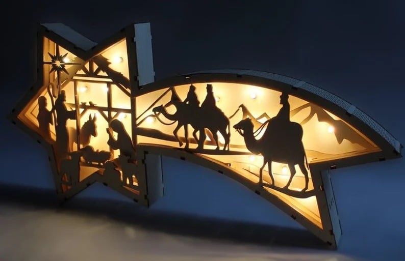 LED Christmas decorations in wood Nativity Scene Star-shaped desk lamp