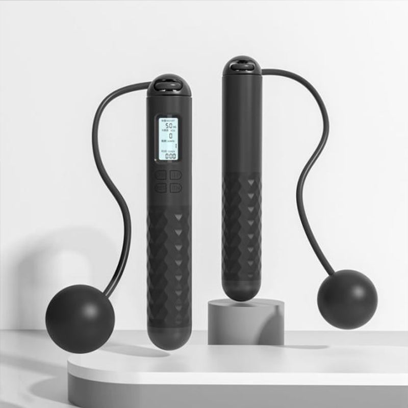 Battery-operated skipping rope with counter and weight balls