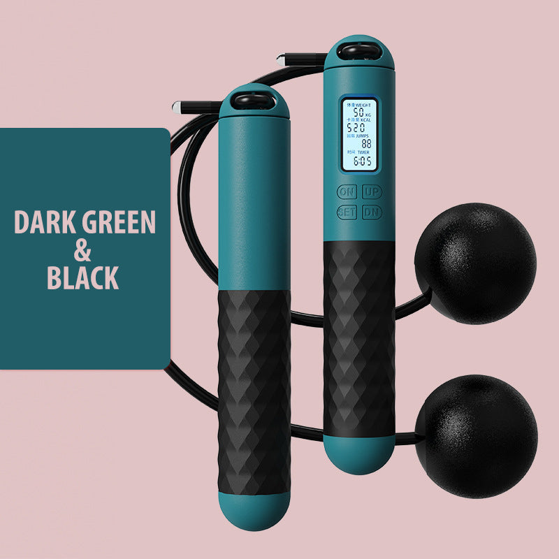 Battery-operated skipping rope with counter and weight balls