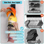 Hat holder in multiple layers for baseball caps with 2 mounting options
