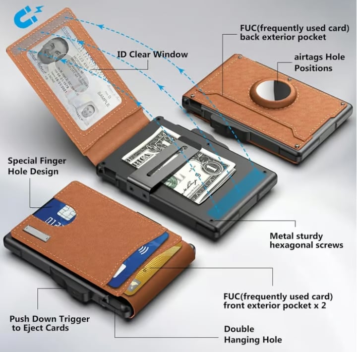 Pop Up aluminum bag Money Clip Slim Leather Slots Credit Card Holder RFID Blocking Bifold Minimalist Wallet