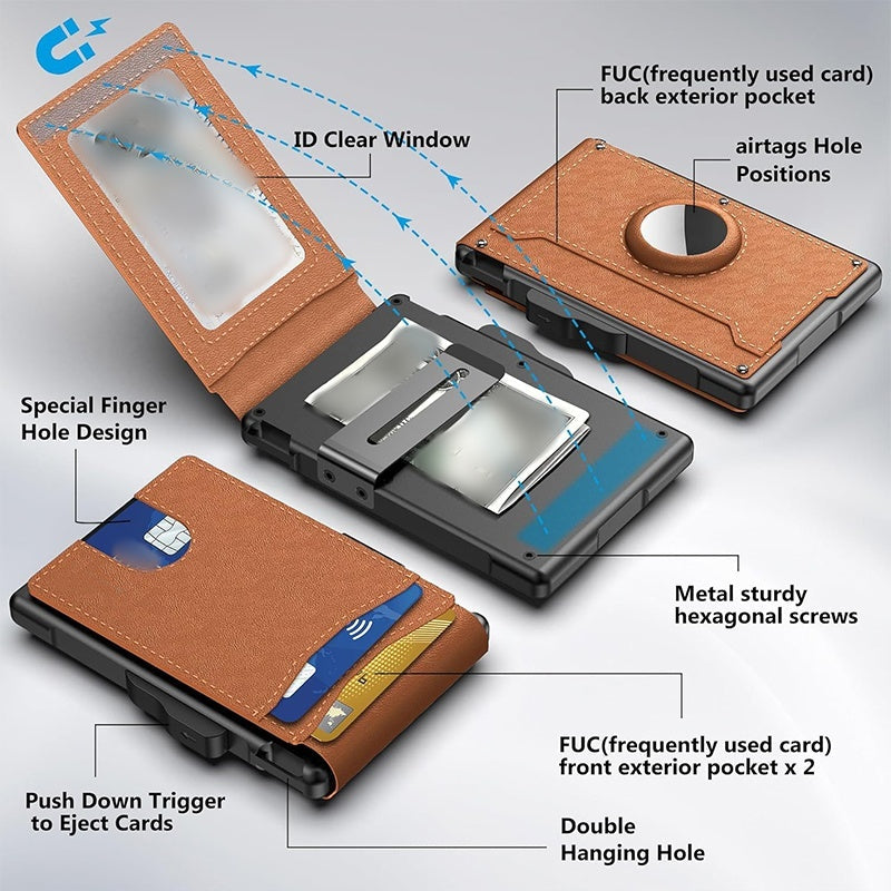 Wallet for men - with pop-up aluminum case Minimal wallet with leather money clip with space for credit cards RFID blocking