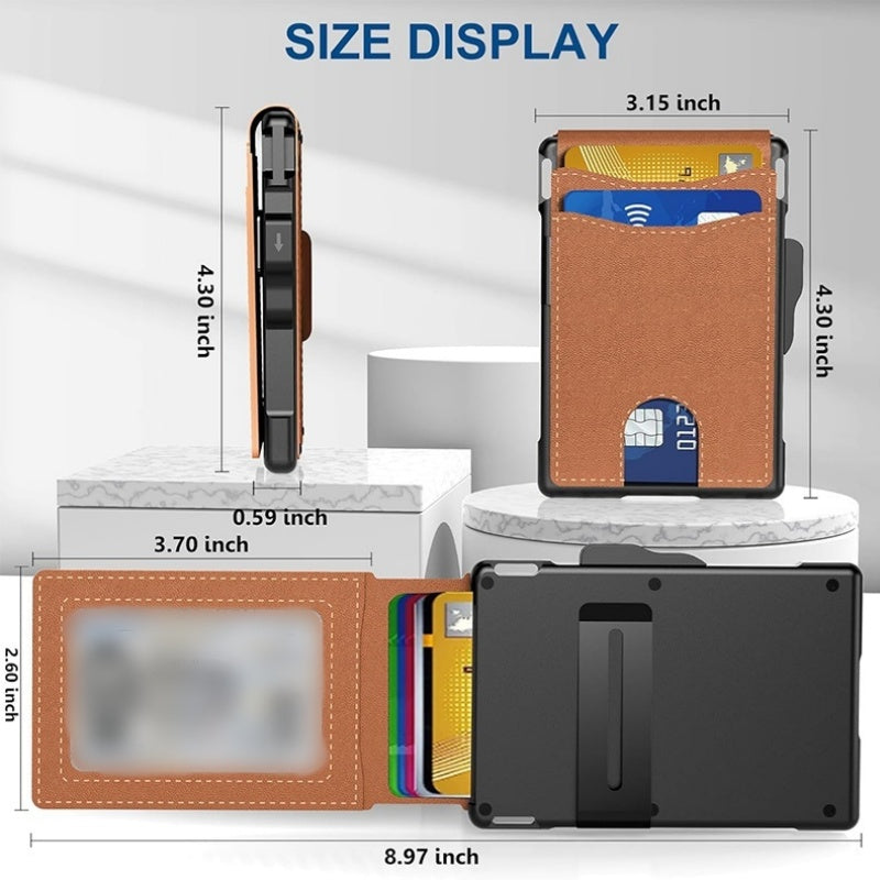 Wallet for men - with pop-up aluminum case Minimal wallet with leather money clip with space for credit cards RFID blocking