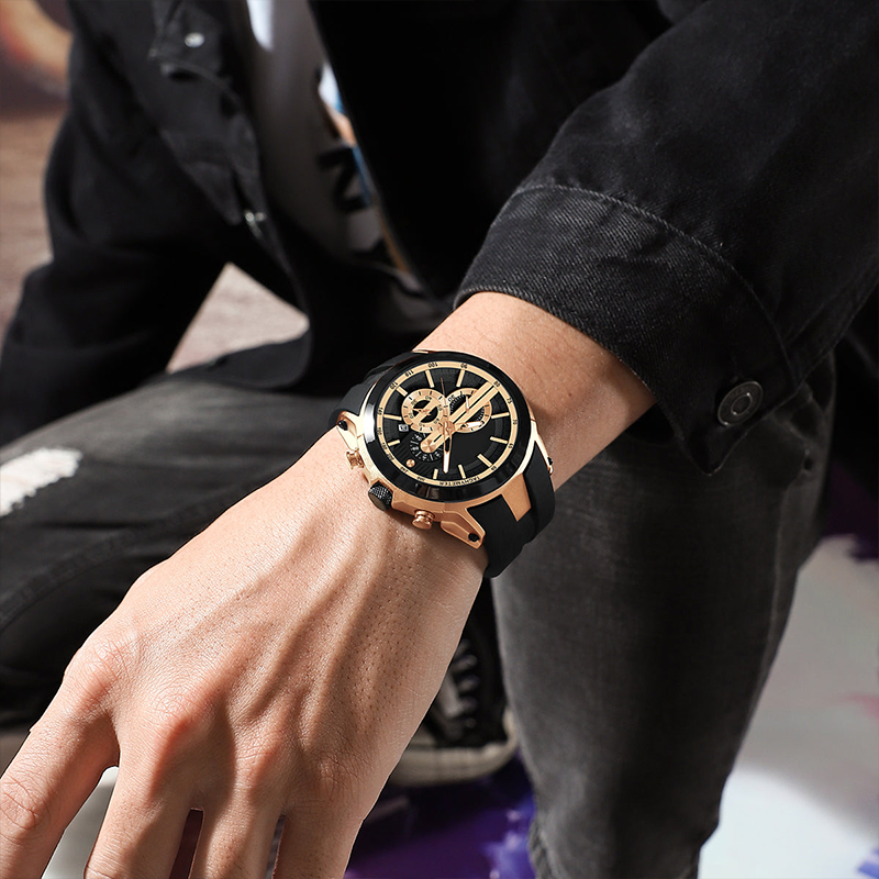 Stylish sports watch with glowing display, silicone strap, and waterproof design