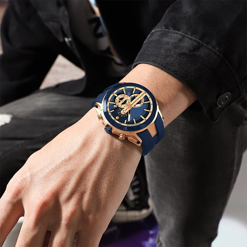 Stylish sports watch with glowing display, silicone strap, and waterproof design