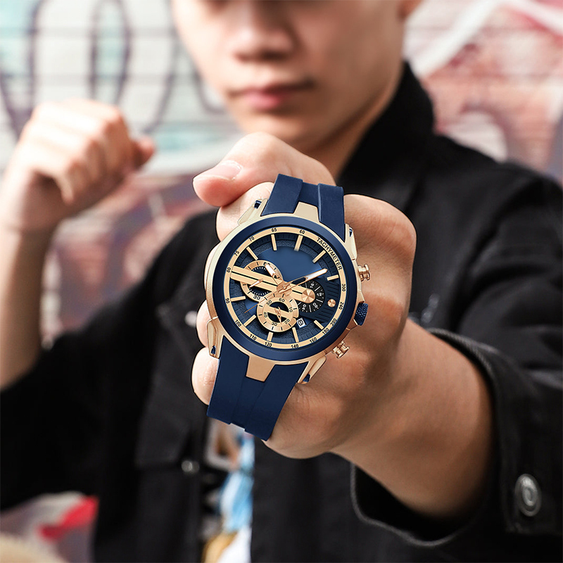 Stylish sports watch with glowing display, silicone strap, and waterproof design