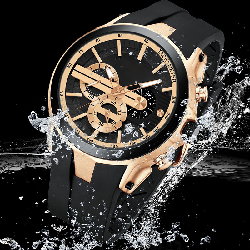 Stylish sports watch with glowing display, silicone strap, and waterproof design