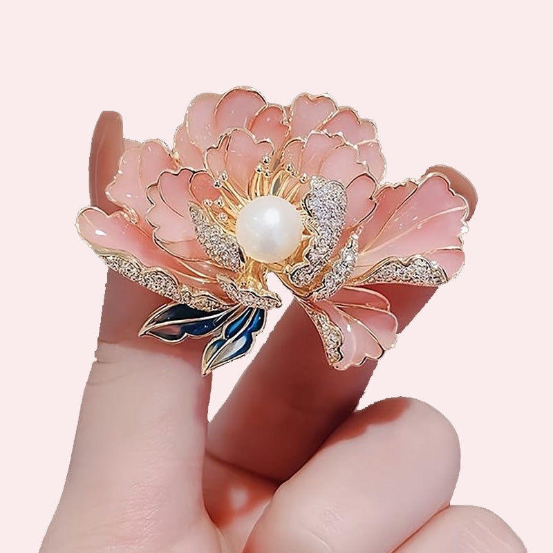 Elegant enameled peony brooch for women