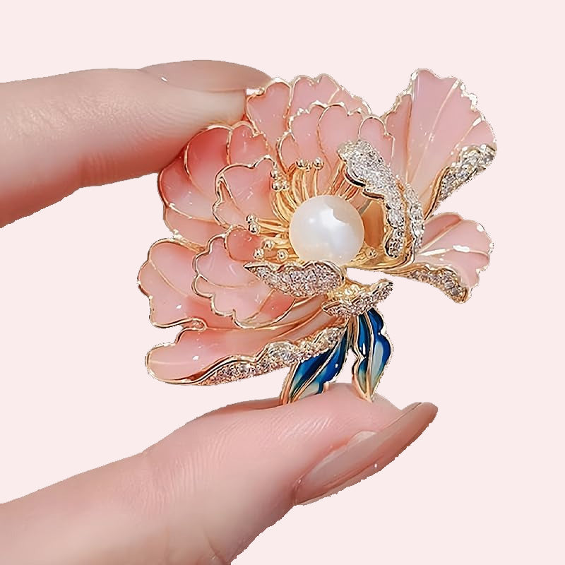 Elegant enameled peony brooch for women