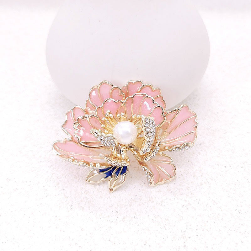 Elegant enameled peony brooch for women