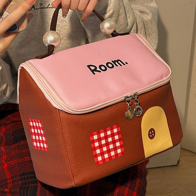 Color block colored, house-shaped handheld cosmetic bag with large capacity